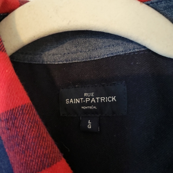 Rue Saint Patrick Mens Flannel Button Shirt Size Large Red Blue Squares - Picture 2 of 4